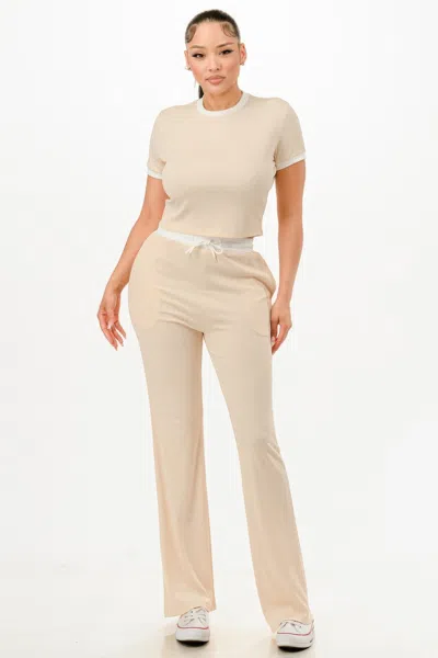 Truedames Ribbed Contrast Binding Top And Pants Set In Neutral