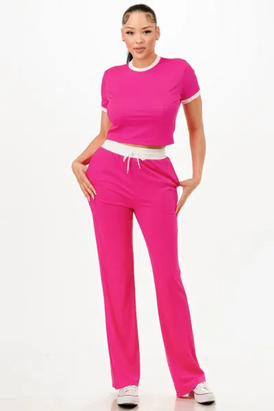Truedames Ribbed Contrast Binding Top And Pants Set In Pink