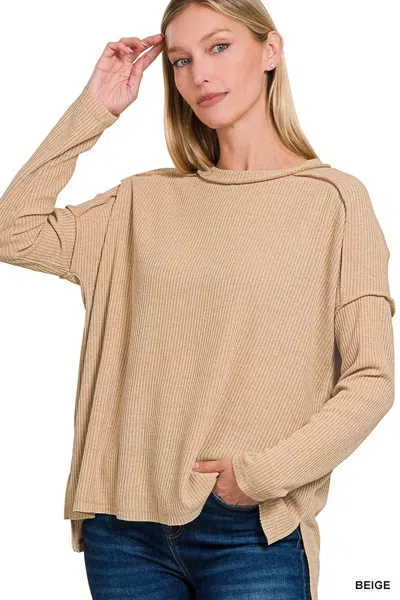 Truedames Ribbed Drop Shoulder Round Neck Sweater In Brown