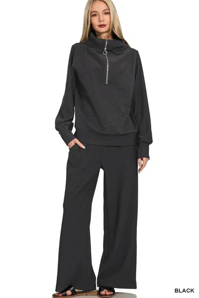 Truedames Ribbed High Neck Half Zip Pullover & Pants Set In Black