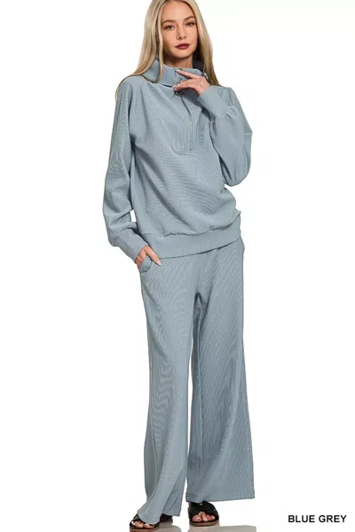 Truedames Ribbed High Neck Half Zip Pullover & Pants Set In Blue