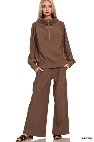Truedames Ribbed High Neck Half Zip Pullover & Pants Set In Brown