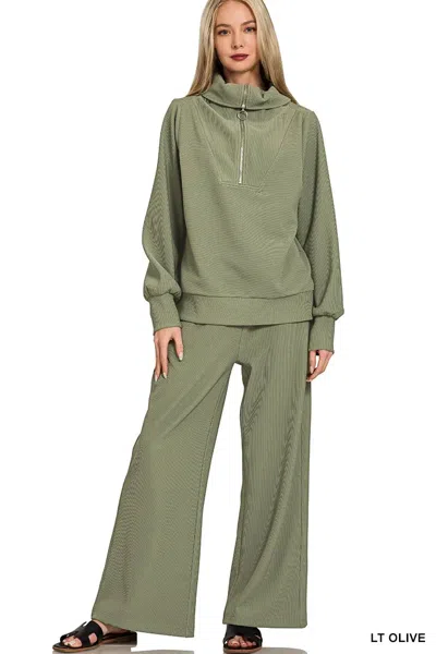 Truedames Ribbed High Neck Half Zip Pullover & Pants Set In Green