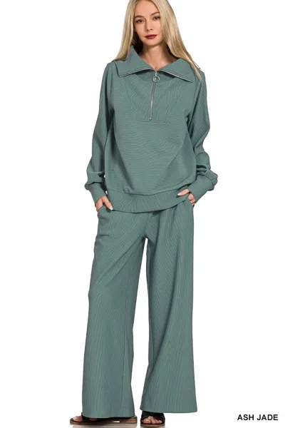 Truedames Ribbed High Neck Half Zip Pullover & Pants Set In Green