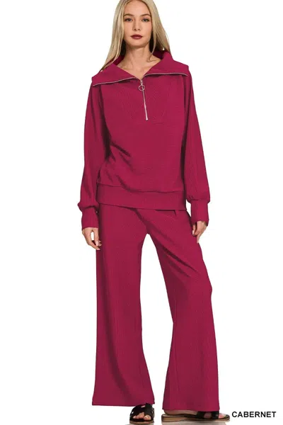 Truedames Ribbed High Neck Half Zip Pullover & Pants Set In Red