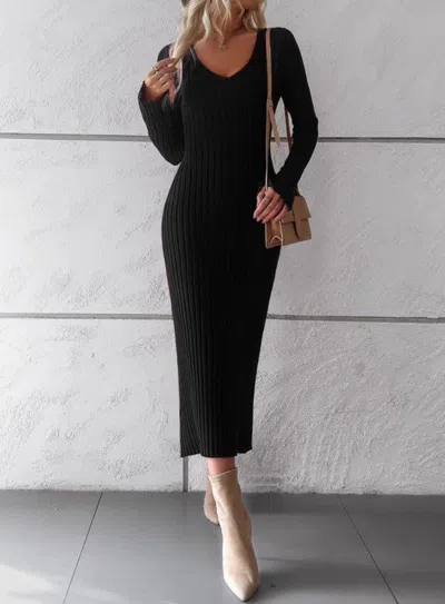 Truedames Ribbed Long Sleeve Midi Dress In Black