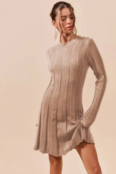 Truedames Ribbed Long Sleeve Mini Sweater Dress In Brown