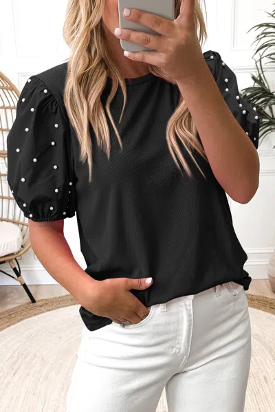 Truedames Ribbed Pearl Beaded Puff Sleeve Top In Black