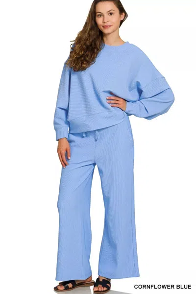 Truedames Ribbed Round Neck Pullover And Drawstring Pants Set In Blue