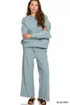 Truedames Ribbed Round Neck Pullover And Drawstring Pants Set In Blue