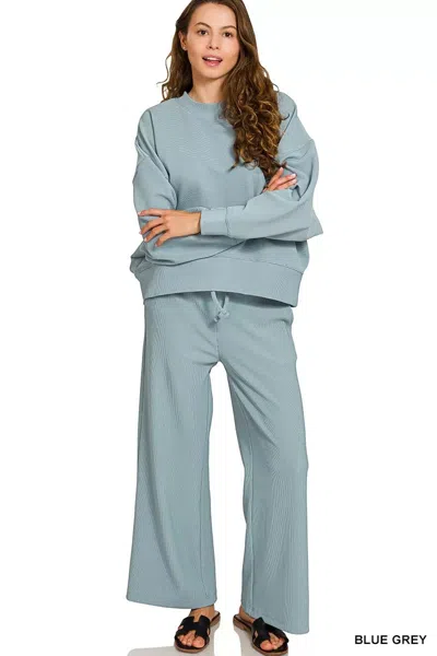 Truedames Ribbed Round Neck Pullover And Drawstring Pants Set In Blue