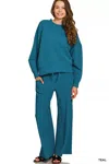 Truedames Ribbed Round Neck Pullover And Drawstring Pants Set In Blue