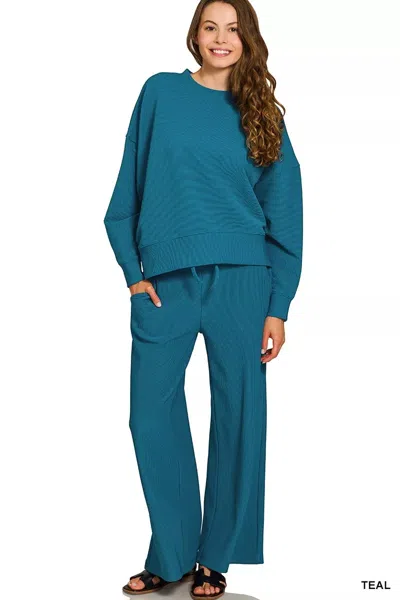 Truedames Ribbed Round Neck Pullover And Drawstring Pants Set In Blue