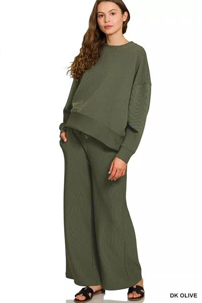 Truedames Ribbed Round Neck Pullover And Drawstring Pants Set In Green