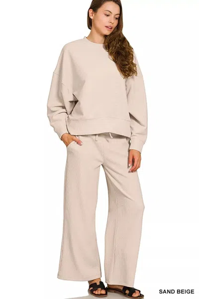 Truedames Ribbed Round Neck Pullover And Drawstring Pants Set In Multi