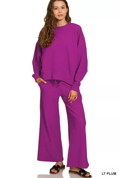 Truedames Ribbed Round Neck Pullover And Drawstring Pants Set In Purple