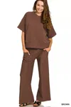 Truedames Ribbed Round Neck Tee & Pants Set In Brown