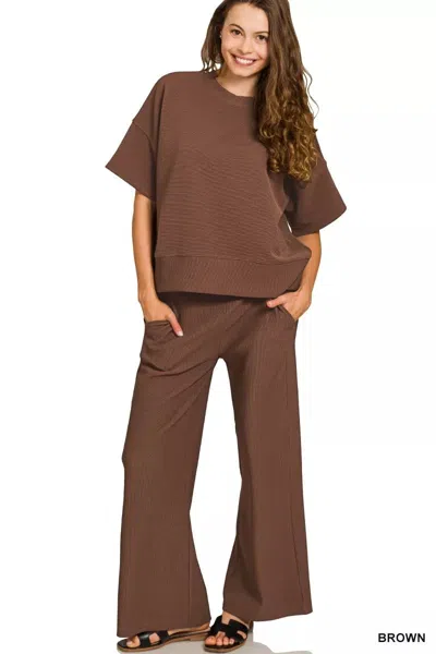 Truedames Ribbed Round Neck Tee & Pants Set In Brown