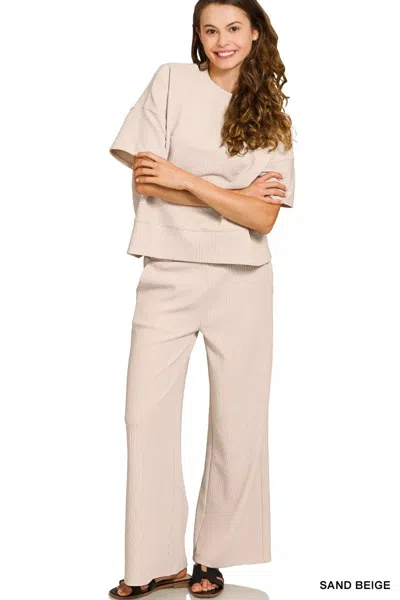 Truedames Ribbed Round Neck Tee & Pants Set In Neutral