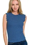 Truedames Ribbed Ruffle Trim Sleeveless Stripe Top In Blue
