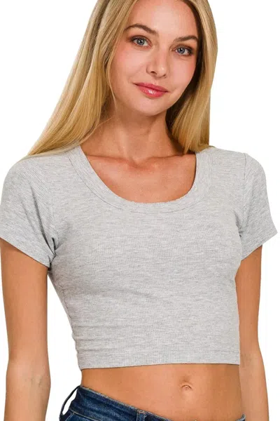 Truedames Ribbed Scoop Neck Crop Short Sleeve Top In Gray