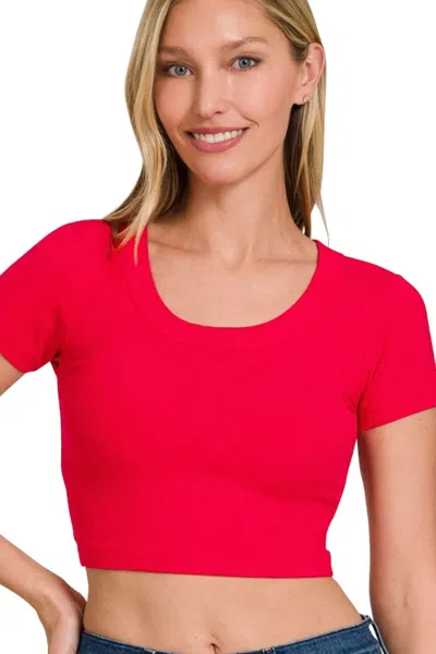 Truedames Ribbed Scoop Neck Crop Short Sleeve Top In Red