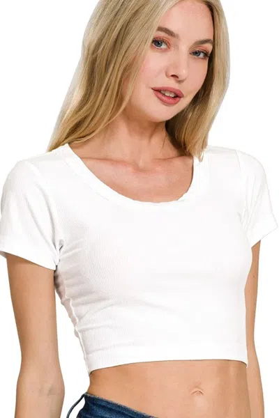 Truedames Ribbed Scoop Neck Crop Short Sleeve Top In White