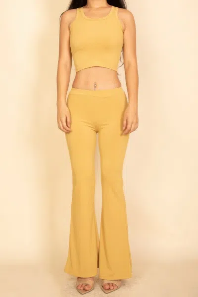 Truedames Ribbed Sleeveless Crop Top & Flared Pants Set In Neutral