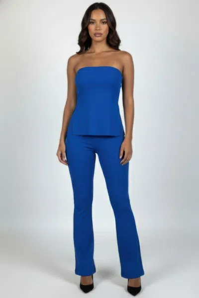 Truedames Ribbed Slit Tube Top & High-waist Flare Pants Set In Blue