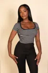 Truedames Ribbed Tight Knitted Striped Square Neck Short Sleeve T Shirt In Multi