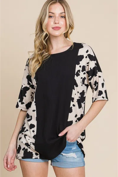 Truedames Rodeo Love Ribbed Animal Contrast Tee In Black