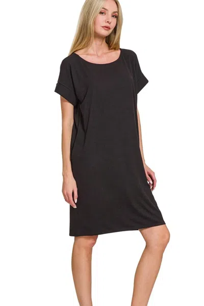Truedames Rolled Short Sleeve Round Neck Dress In Black