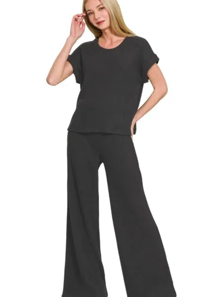 Truedames Rolled Sleeve Top And Pants Sweater Set In Black