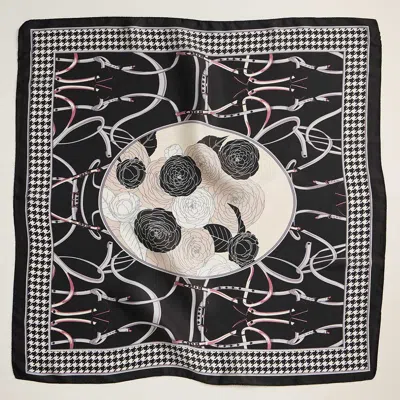 Truedames Rose Bouquet Houndstooth Printed Square Silky Satin Scarf In Black