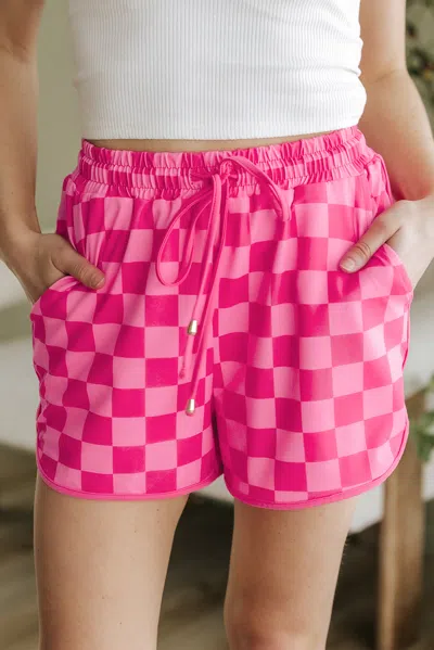Truedames Rose Checkered Drawstring Elastic Waist Casual Shorts In Pink