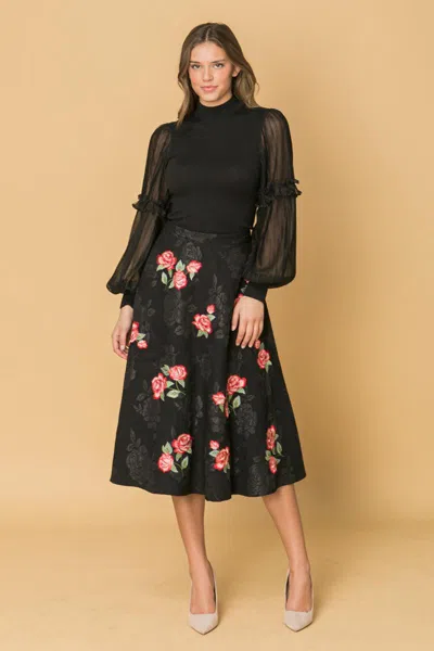 Truedames Rose Embroidery Midi Skirt In Black