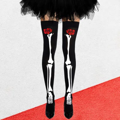 Truedames Rose Flower Skull Skeleton Halloween Costume Tight High Stockings In Multi