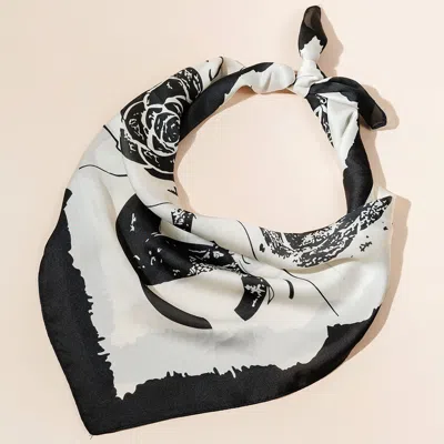 Truedames Rose Printed Square Silky Satin Scarf In Black