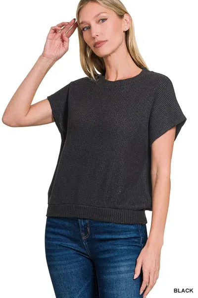 Truedames Round Neck Banded Botton Short Sleeve Sweater In Black
