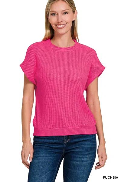 Truedames Round Neck Banded Botton Short Sleeve Sweater In Pink