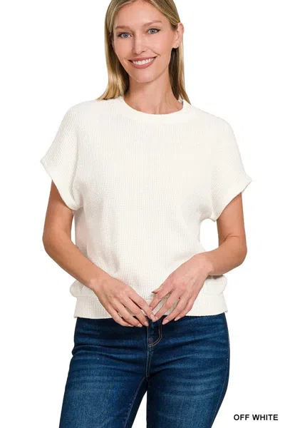 Truedames Round Neck Banded Botton Short Sleeve Sweater In White
