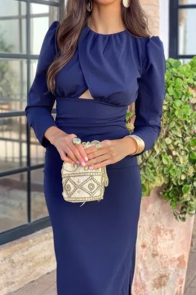 Truedames Round Neck Crossover Cut Out Slit Puff Sleeve Dress In Blue