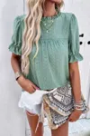 Truedames Round Neck Embroidery Ruffle Sleeve Loose Fit Shirt In Green