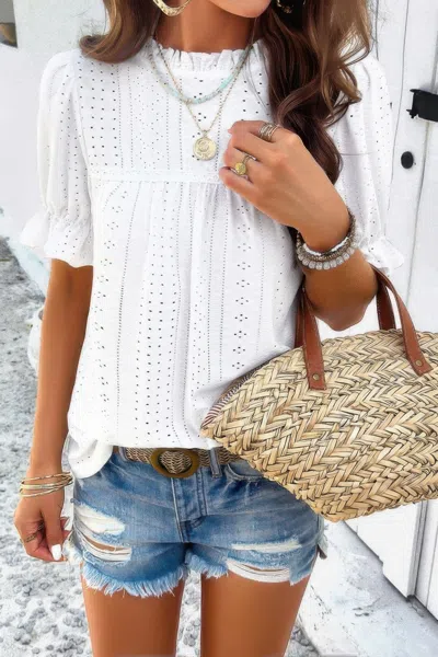 Truedames Round Neck Embroidery Ruffle Sleeve Loose Fit Shirt In White