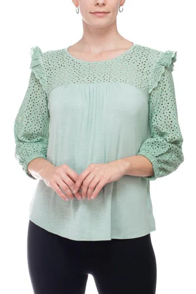 Truedames Round Neck Eyelet Â¾ Sleeve Ruffled Shoulders Curved Hem Stretch Crepe Top In Green