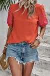 Truedames Round Neck Floral Embroidery Puff Sleeve Blouse In Orange
