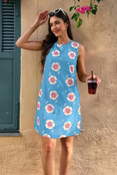Truedames Round Neck Floral Print Sleeveless Loose Dress In Blue