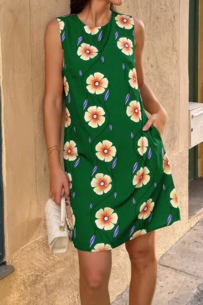Truedames Round Neck Floral Print Sleeveless Loose Dress In Green
