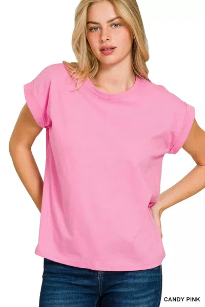 Truedames Round Neck Folded Short Sleeve T-shirt In Pink