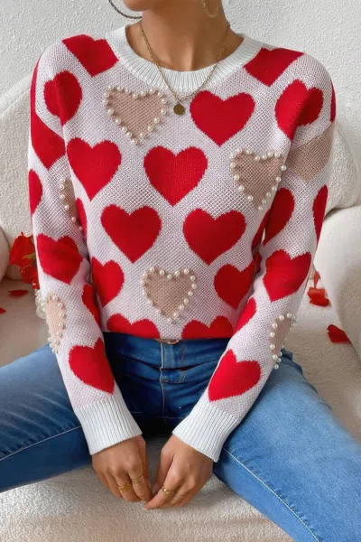 Truedames Round Neck Heart Shape Pearl Beads Knit Sweater In White
